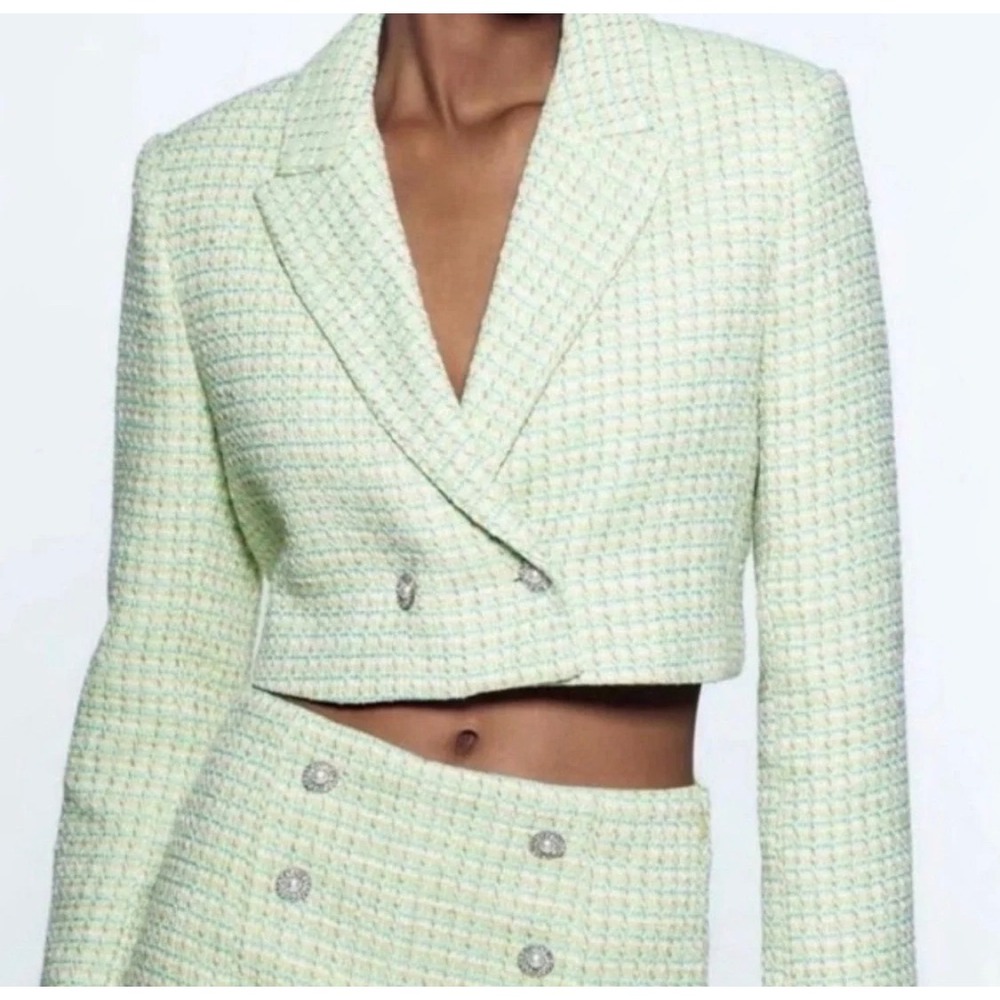 Zara Womens Cropped Tweed Blazer Lime Green Blue Jewel Button Size Small